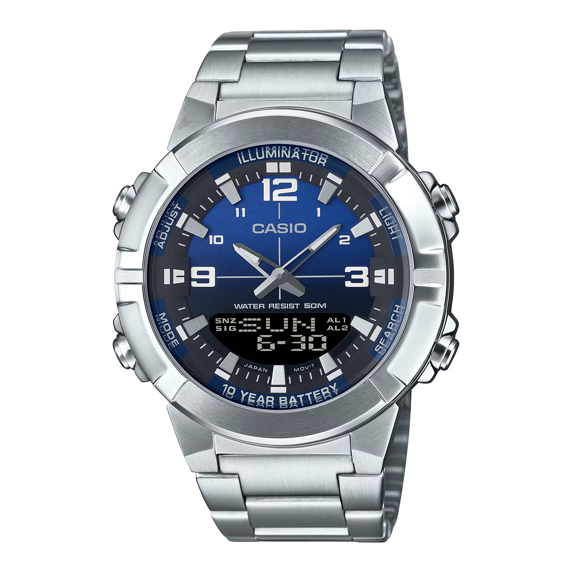 Casio Analog-Digital Stainless Steel Watch with Blue Gradient Dial, for Men - AMW-870DA-2A1VDF