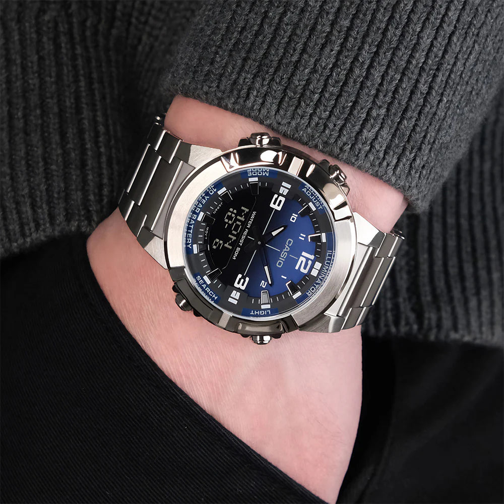 Casio Analog-Digital Stainless Steel Watch with Blue Gradient Dial, for Men - AMW-870DA-2A1VDF