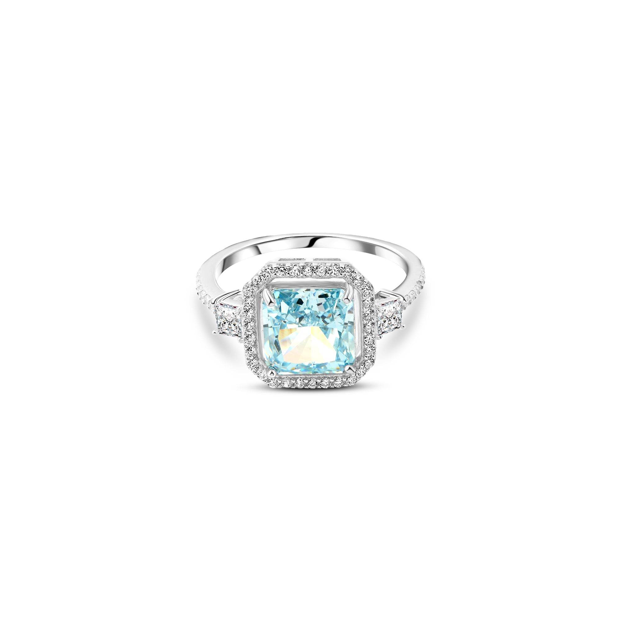 خاتم فضة 925 هالة مربع بحجر أزرق سماوي مطلي بالبلاتين اللامع