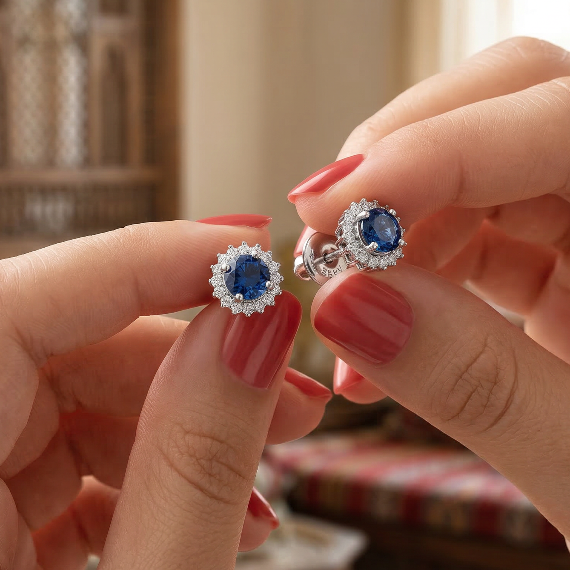 Spiral hoop earring with a round blue stone surrounded by 925 silver 