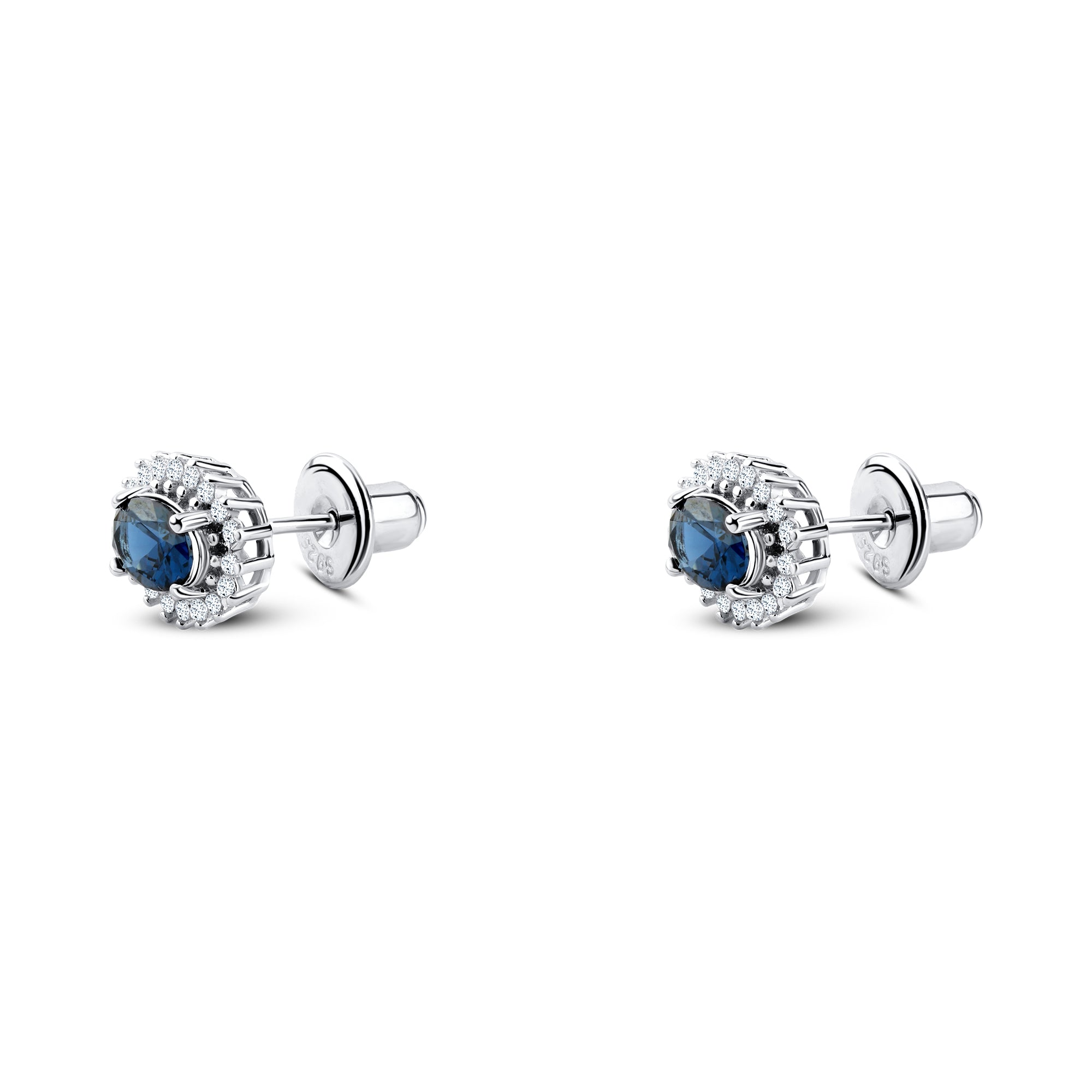 Spiral hoop earring with a round blue stone surrounded by 925 silver 