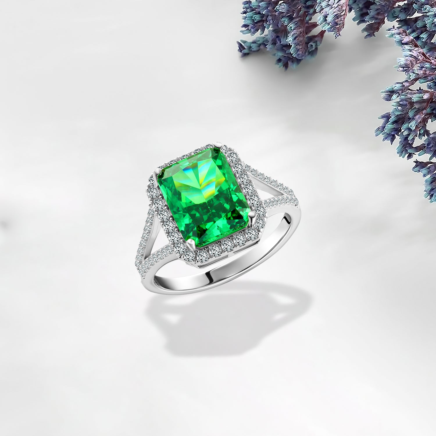 خاتم فضة عيار 925 بفص زركون أخضر مربع