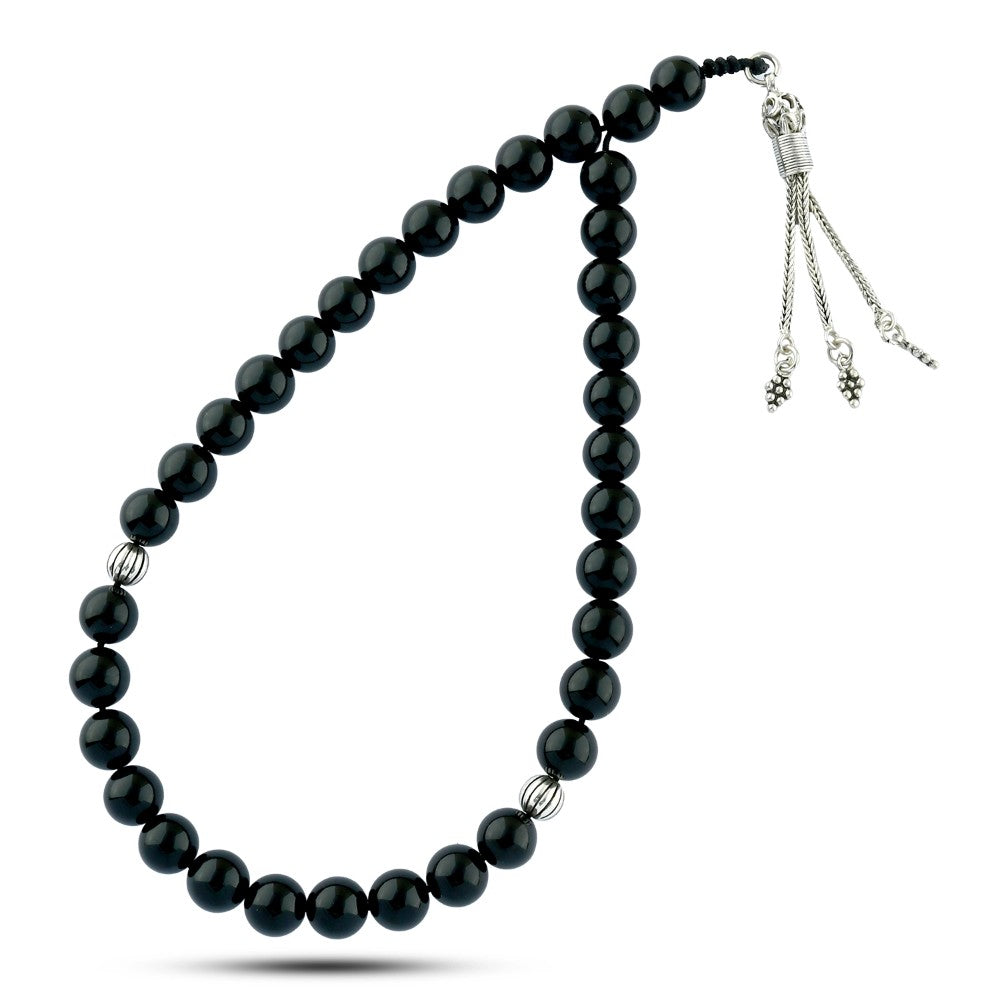 Onyx Rosary with 925 Sterling Silver Inlays – 8mm Beads