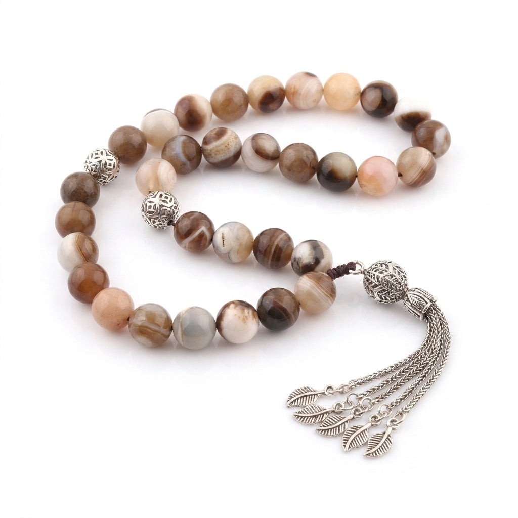 Silver Prayer Beads "Light Brown Multicolor Agate"