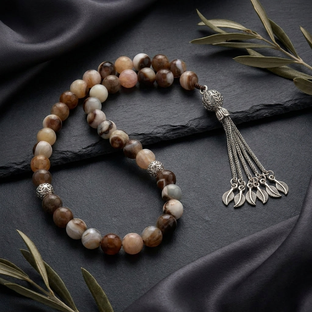 Silver Prayer Beads "Light Brown Multicolor Agate"