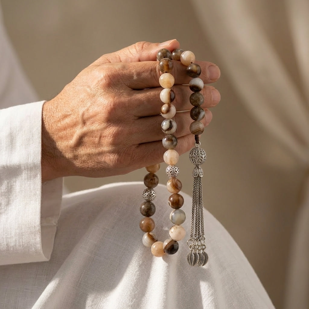 Silver Prayer Beads "Light Brown Multicolor Agate"