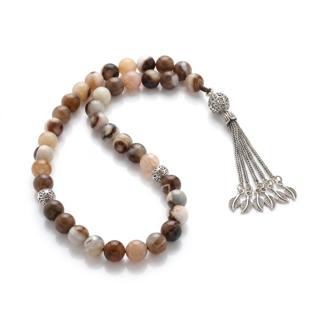 Silver Prayer Beads "Light Brown Multicolor Agate"