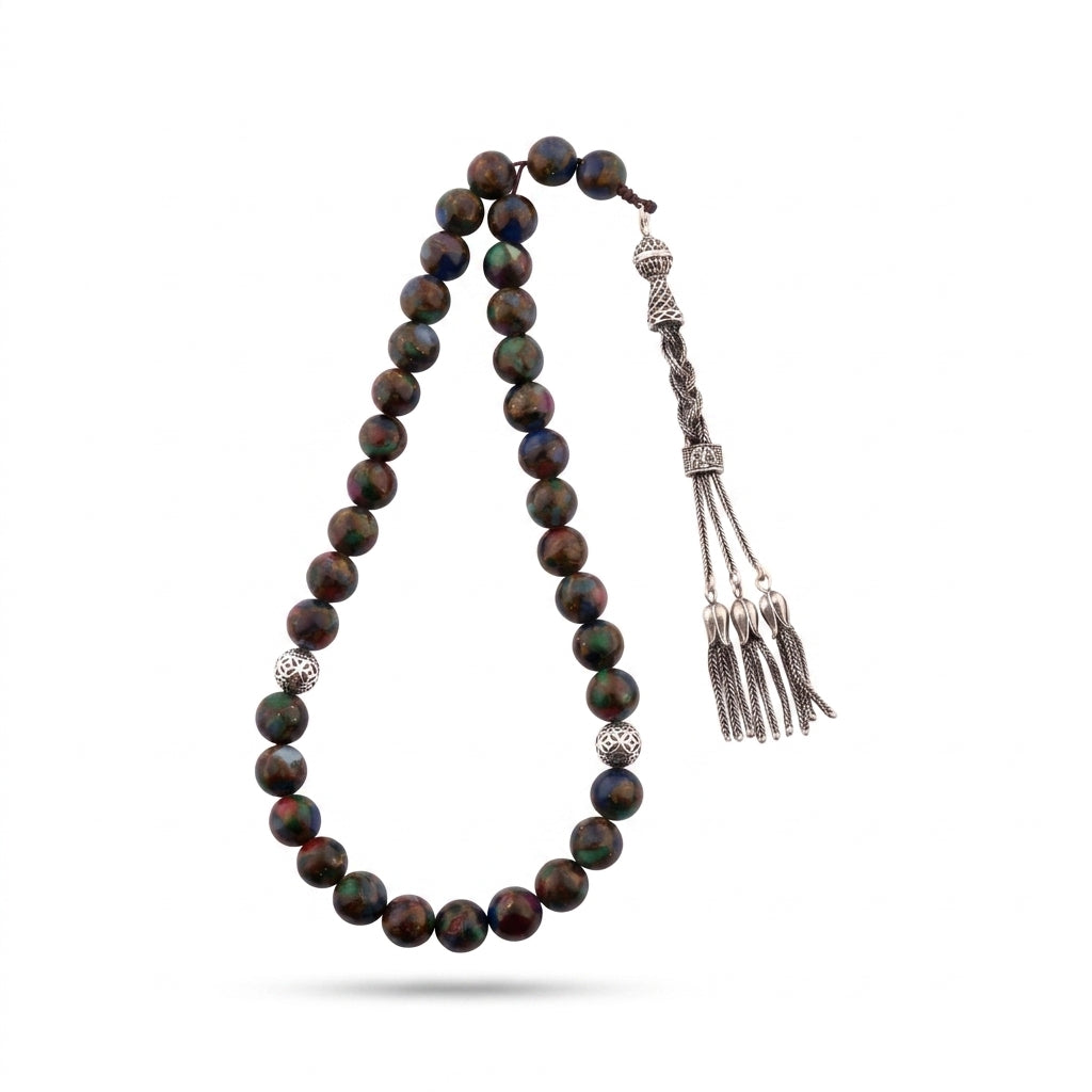 Silver Prayer Beads "Multicolored Black Agate"