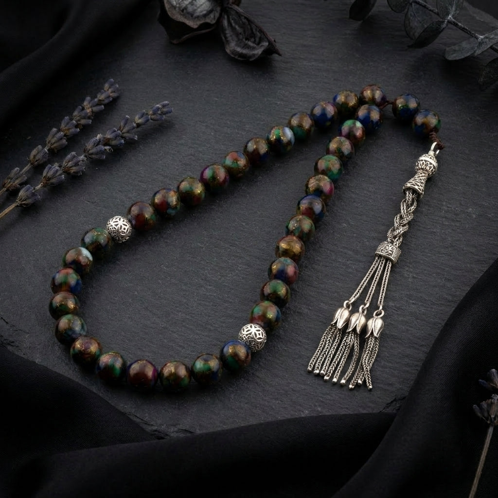 Silver Prayer Beads "Multicolored Black Agate"