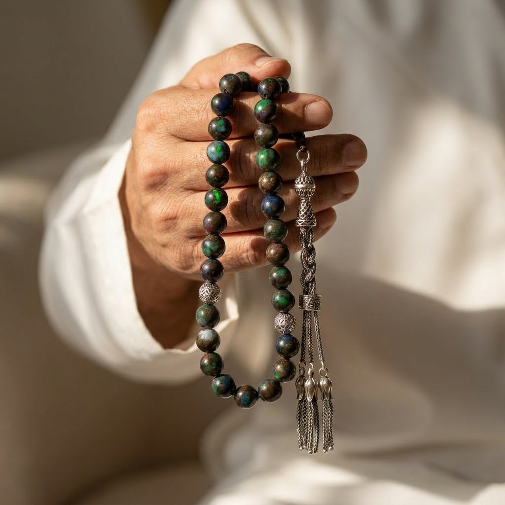 Silver Prayer Beads "Multicolored Black Agate"