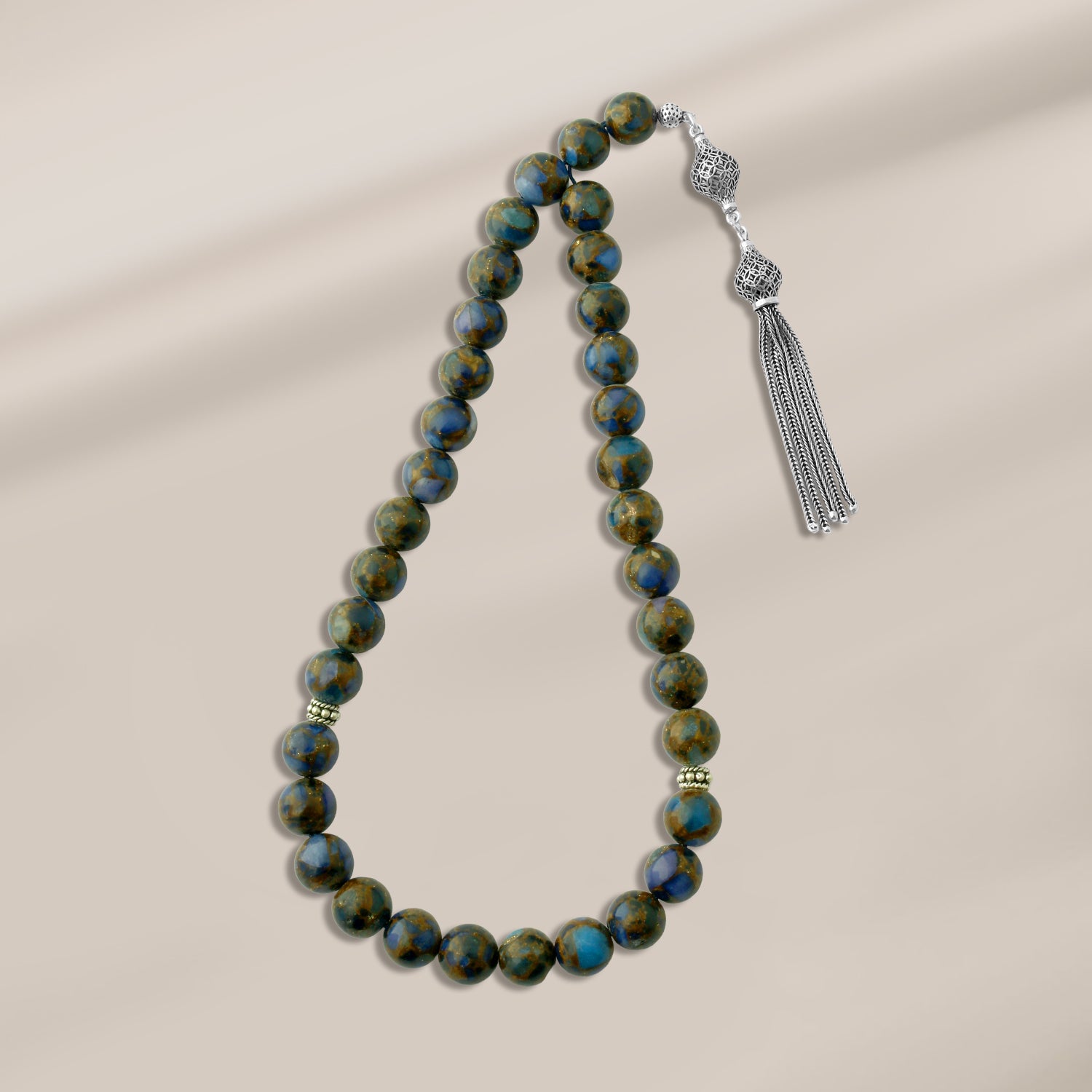 سبحة شازبر طبيعي مطعم بطقم فضة تركي لوكس عيار 925 – 33 حبة – 10 ملي