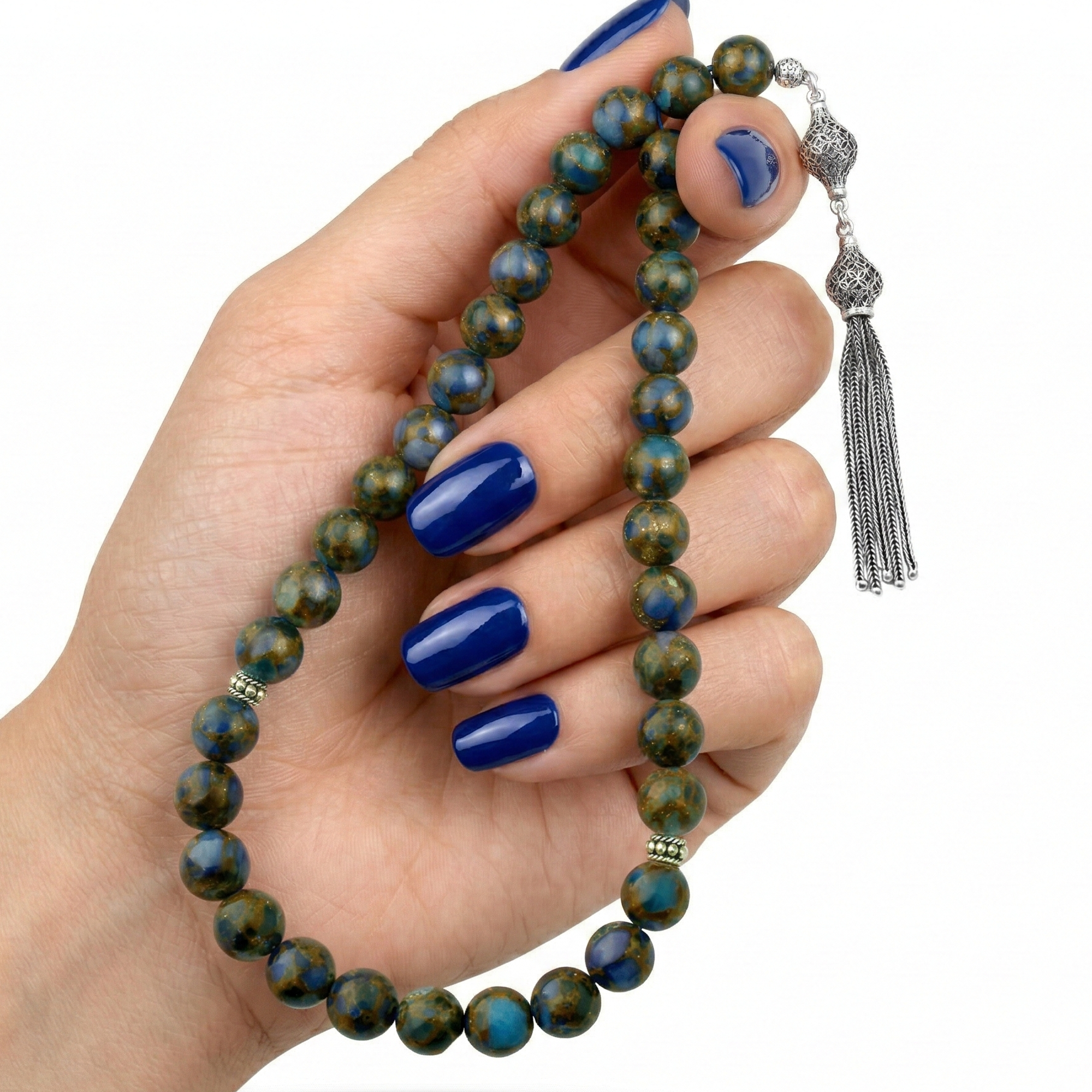 Natural Shazbar Prayer Beads with Turkish Silver Set Luxury 925 – 33 Beads – 10mm