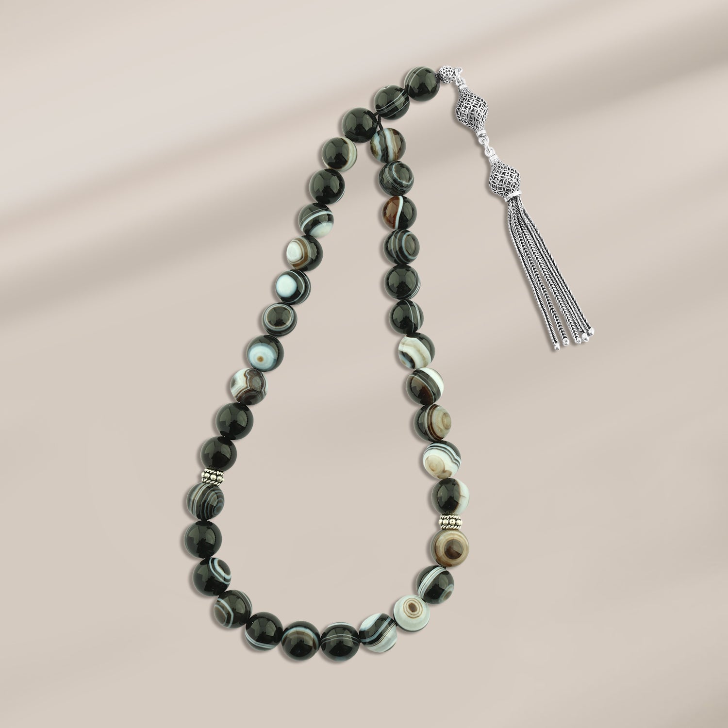 سبحة عقيق سليماني طبيعي مطعم بطقم فضة تركي لوكس عيار 925 - 33 حبة - 10 ملي