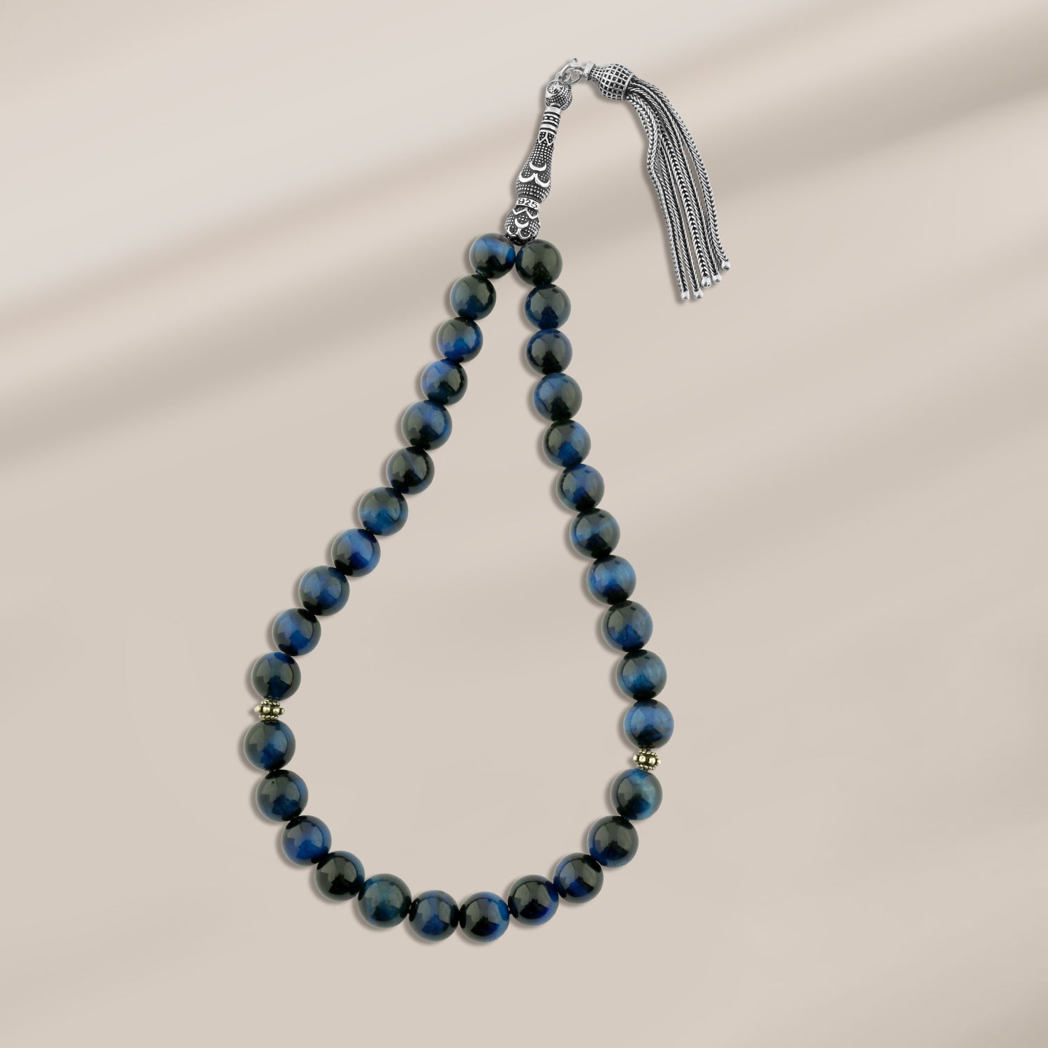 سبحة شازبر طبيعي مطعّم بطقم فضة تركي لوكس عيار 925 – 33 حبة – 8 ملم – AROS040