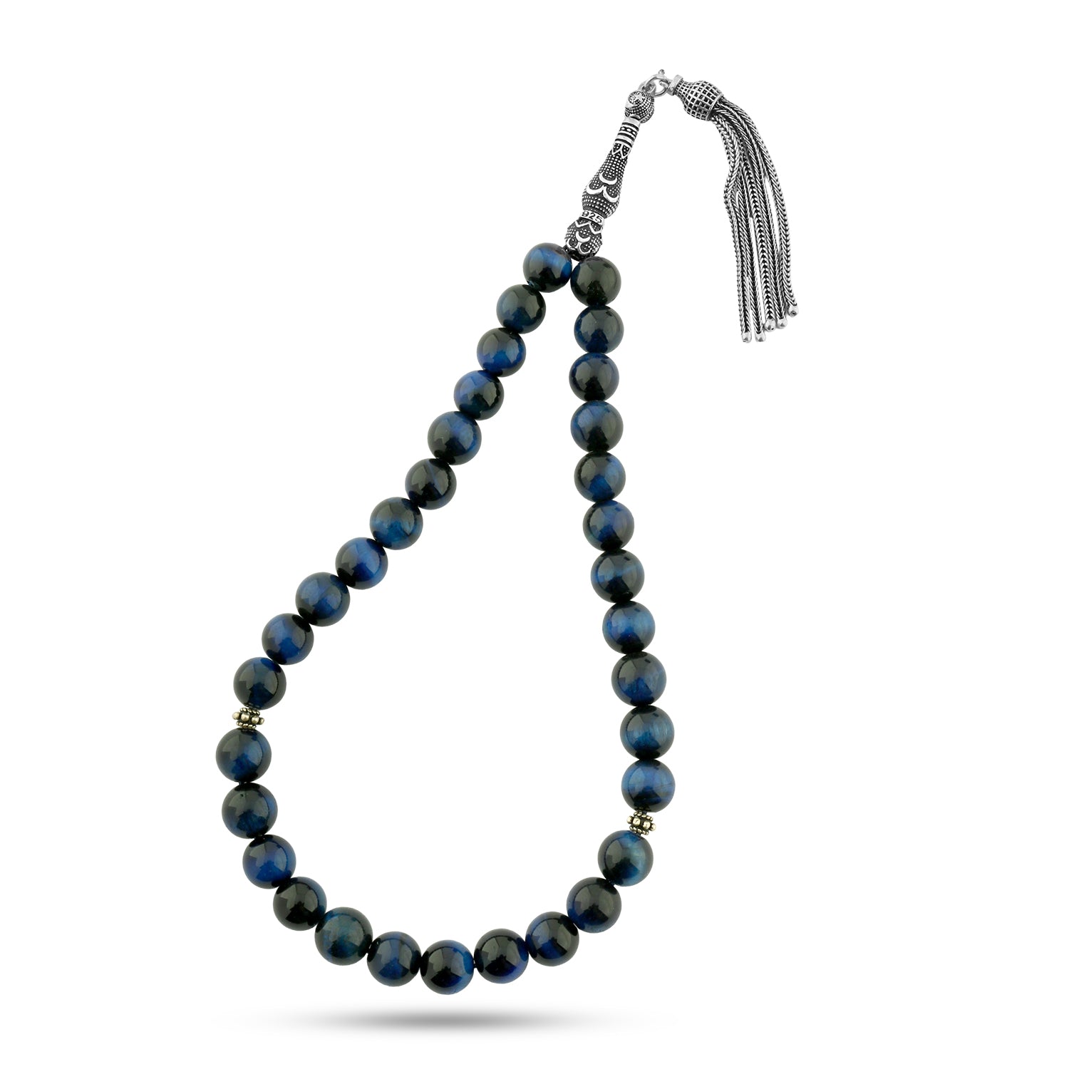 سبحة شازبر طبيعي مطعّم بطقم فضة تركي لوكس عيار 925 – 33 حبة – 8 ملم – AROS040