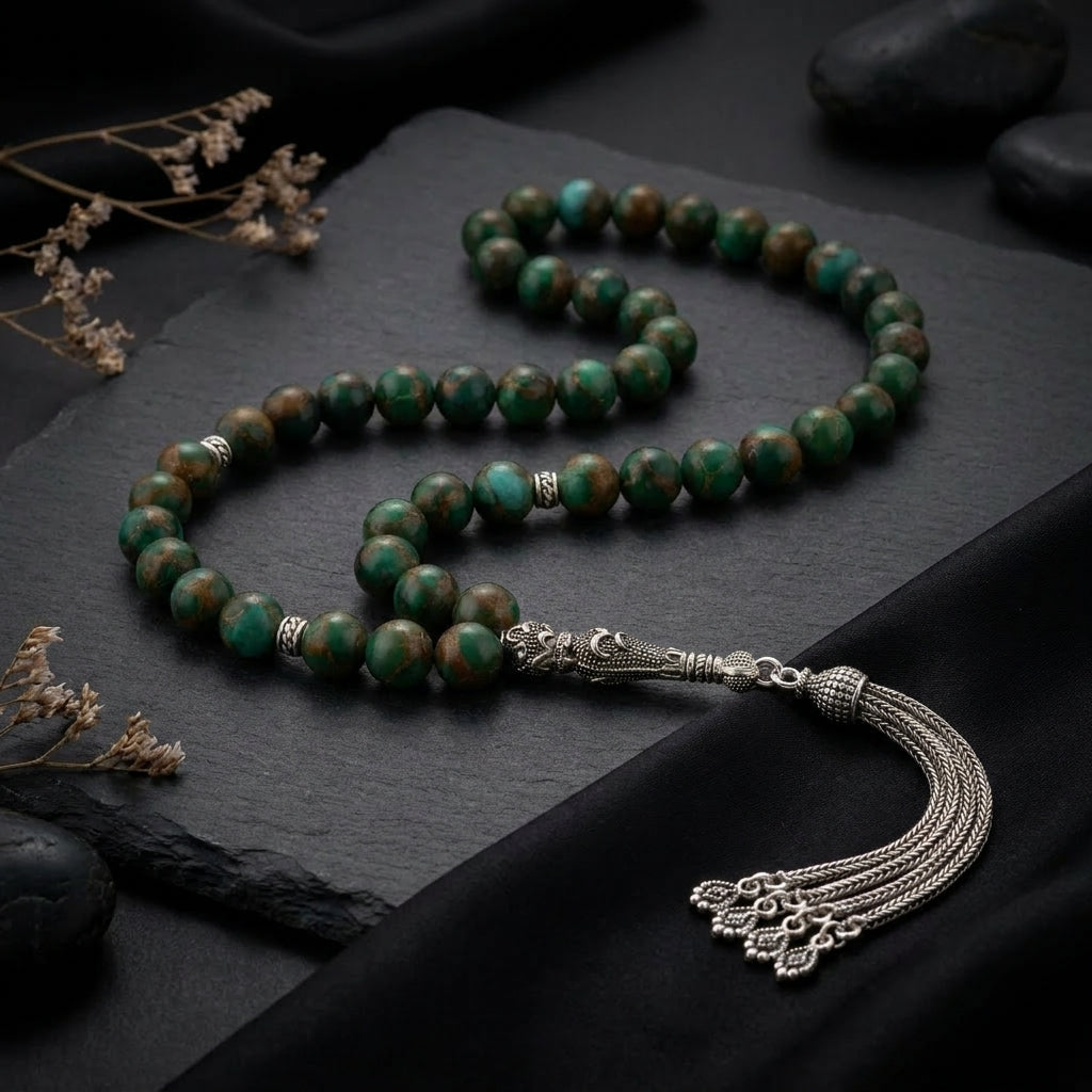 Natural Green Shazber Prayer Beads with Lux 925 Silver Set – 33 Beads – 8 mm