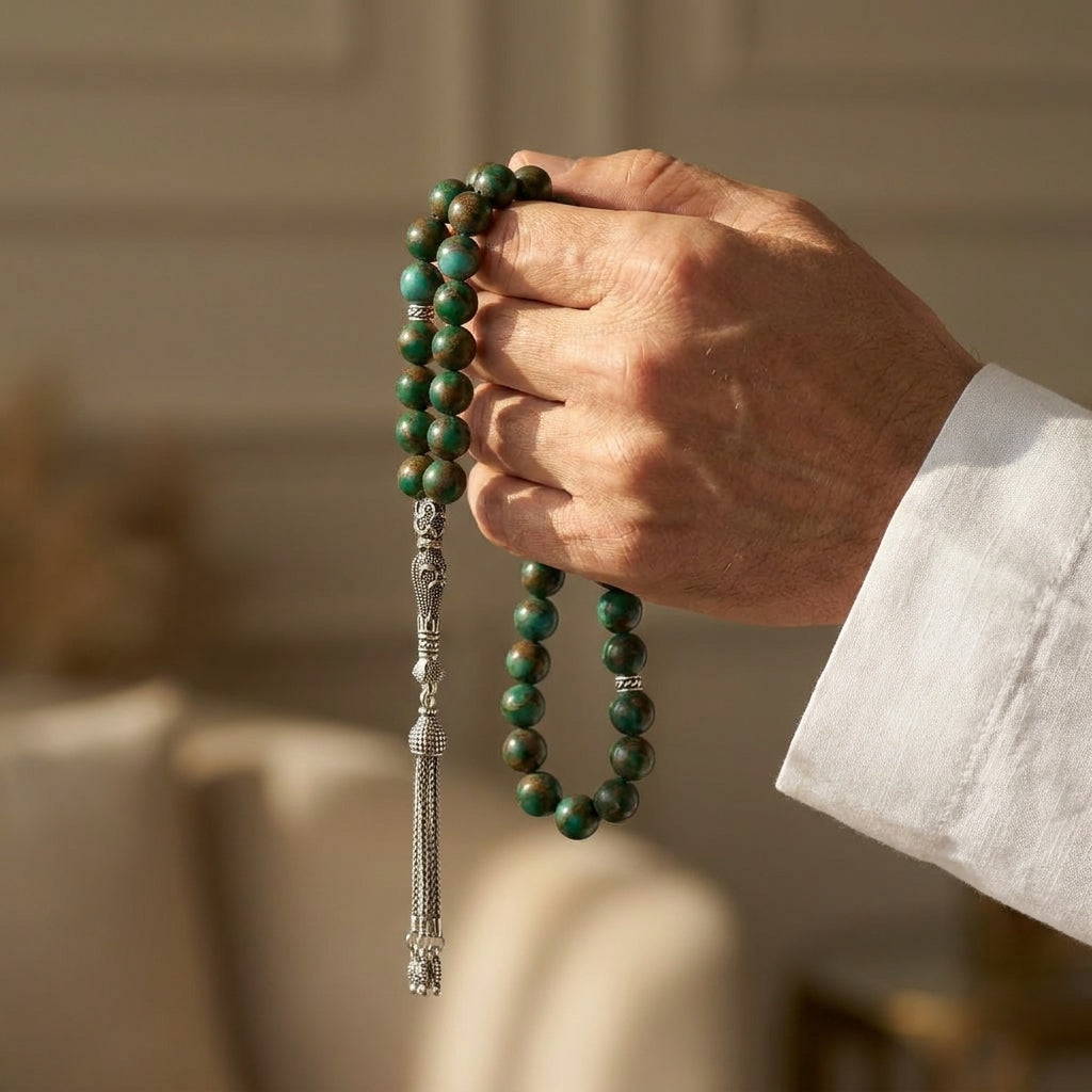 Natural Green Shazber Prayer Beads with Lux 925 Silver Set – 33 Beads – 8 mm