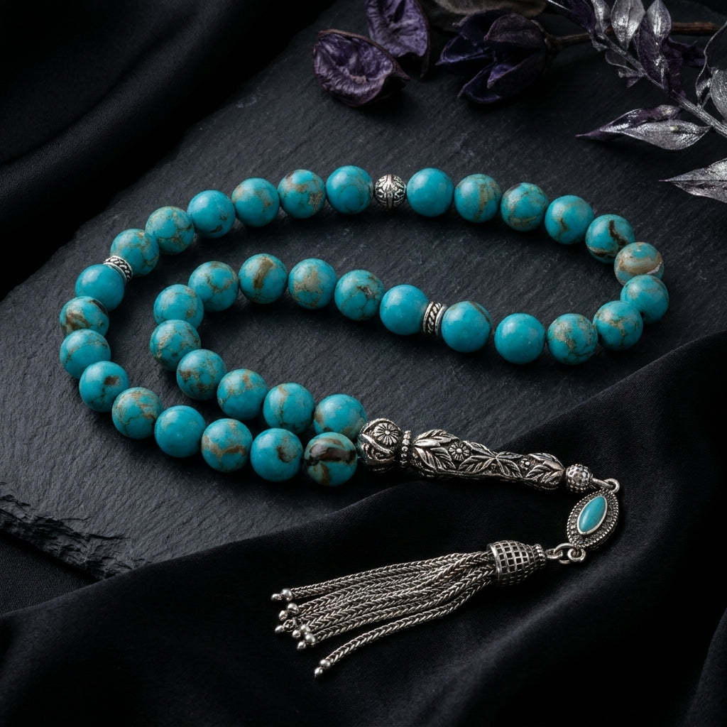 Turquoise & Mother-of-Pearl Misbaha with Lux Turkish 925 Silver Set – 33 Beads – 8 mm