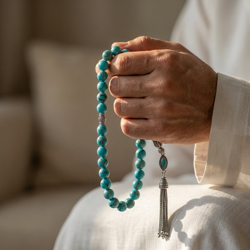 Turquoise & Mother-of-Pearl Misbaha with Lux Turkish 925 Silver Set – 33 Beads – 8 mm