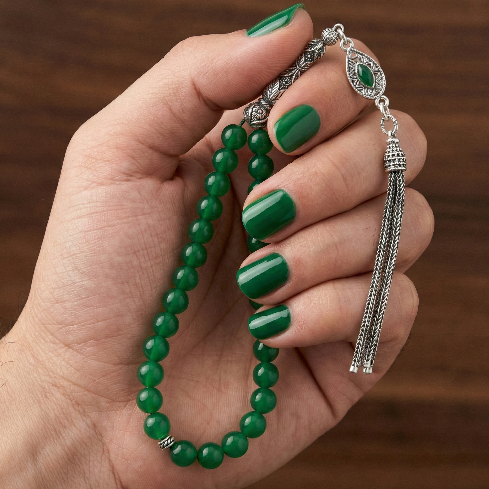 Natural Green Agate Prayer Beads with Luxurious Turkish 925 Silver Set – 33 Beads – 8mm – AROS042
