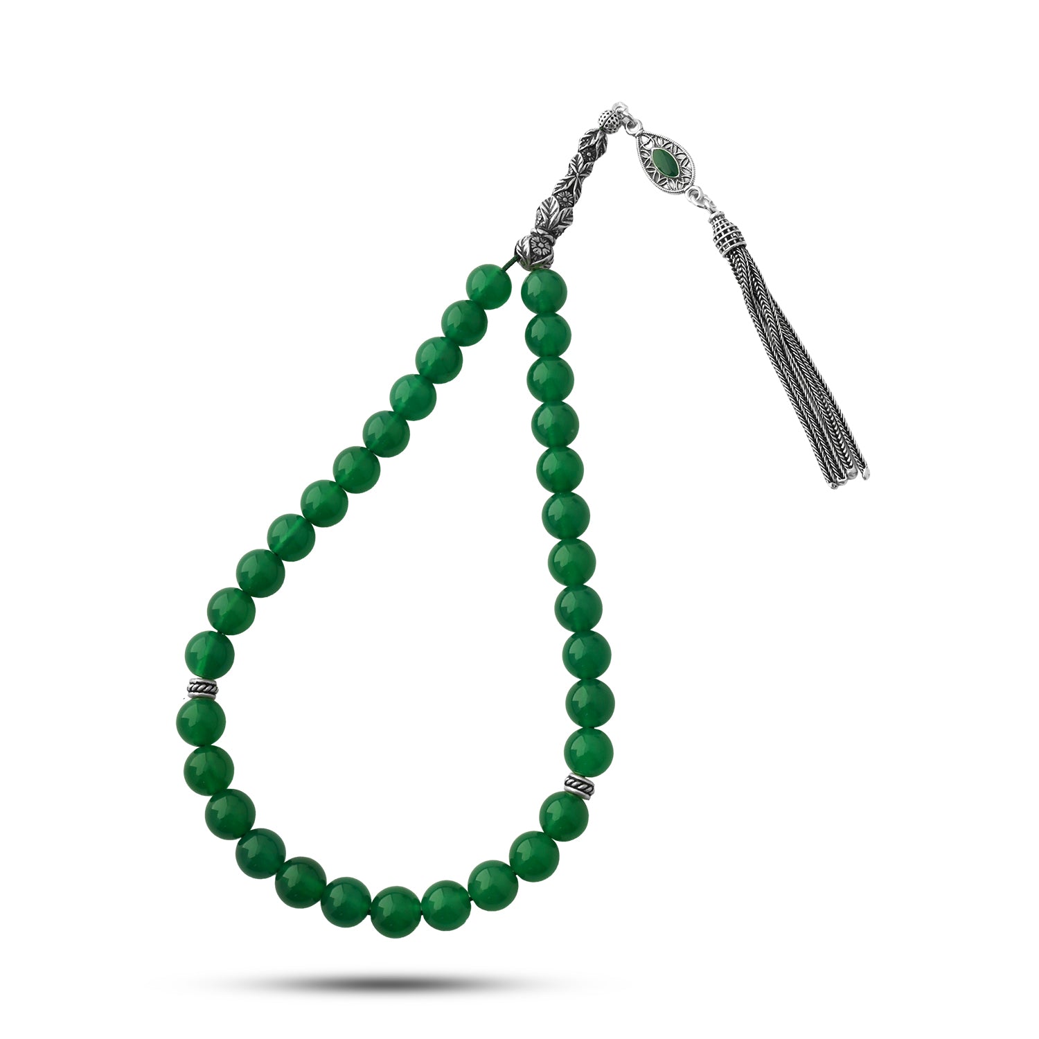 سبحة بحجر عين الهرة طبيعي مطعّم بطقم فضة تركي لوكس عيار 925 – 33 حبة – 8 ملم