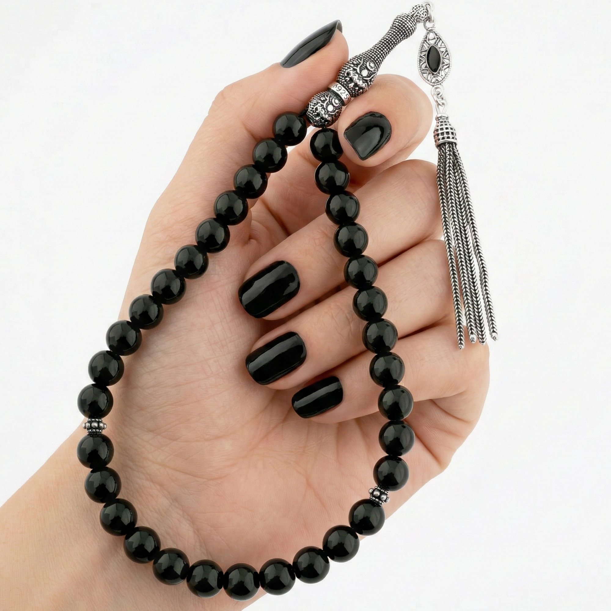 Natural Onyx Prayer Beads with Luxurious Turkish 925  Silver Set – 33 Beads – 8mm – AROS043