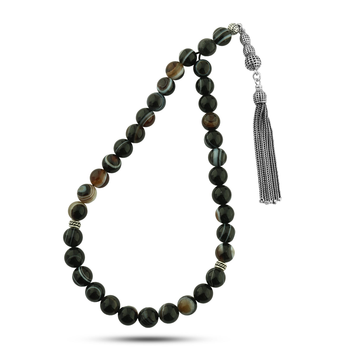 سبحة عقيق سليماني طبيعي مطعّم بطقم فضة تركي لوكس عيار 925 – 33 حبة – 8 ملي – AROS046