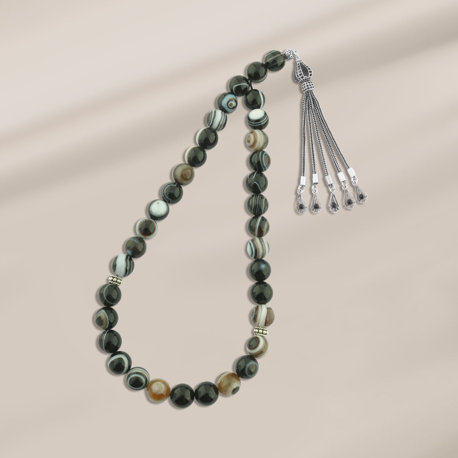 سبحة عقيق سليماني طبيعي مطعّم بطقم فضة تركي لوكس عيار 925 – 33 حبة – 10 ملم – AROS047