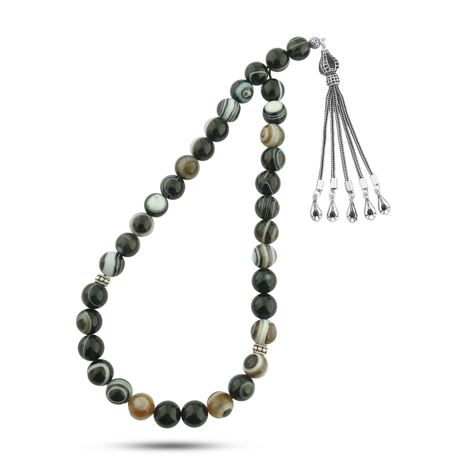 سبحة عقيق سليماني طبيعي مطعّم بطقم فضة تركي لوكس عيار 925 – 33 حبة – 10 ملم – AROS047