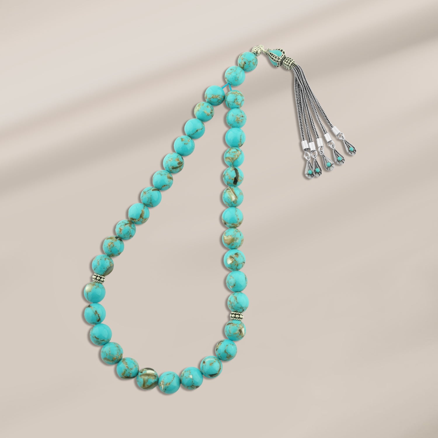 سبحة فيروز *صدف مطعّم بطقم فضة تركي لوكس عيار 925 – 33 حبة – 10 ملم – AROS048