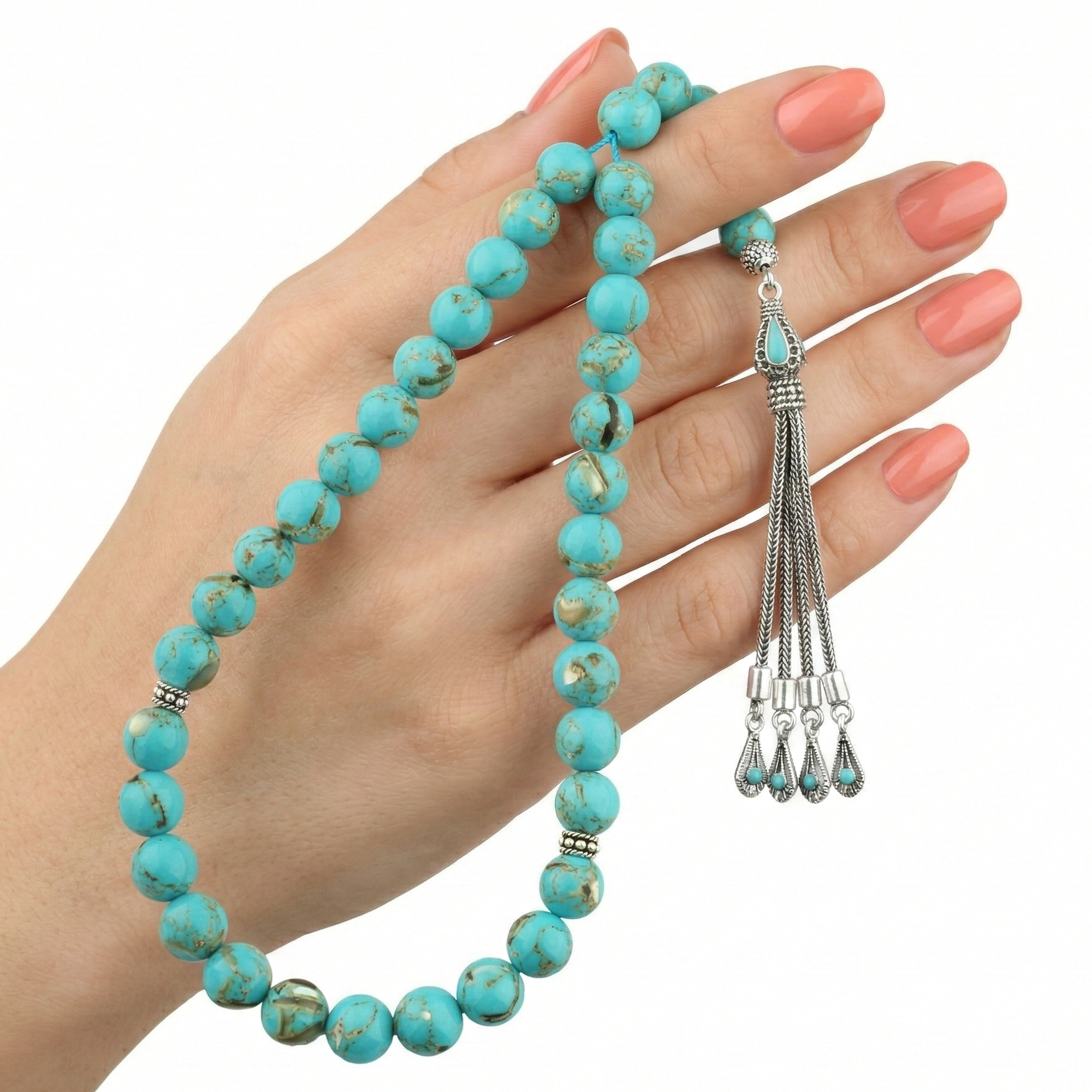 Natural Sulemani Agate Prayer Beads with Luxurious Turkish 925 Silver Set – 33 Beads – 10mm – AROS047