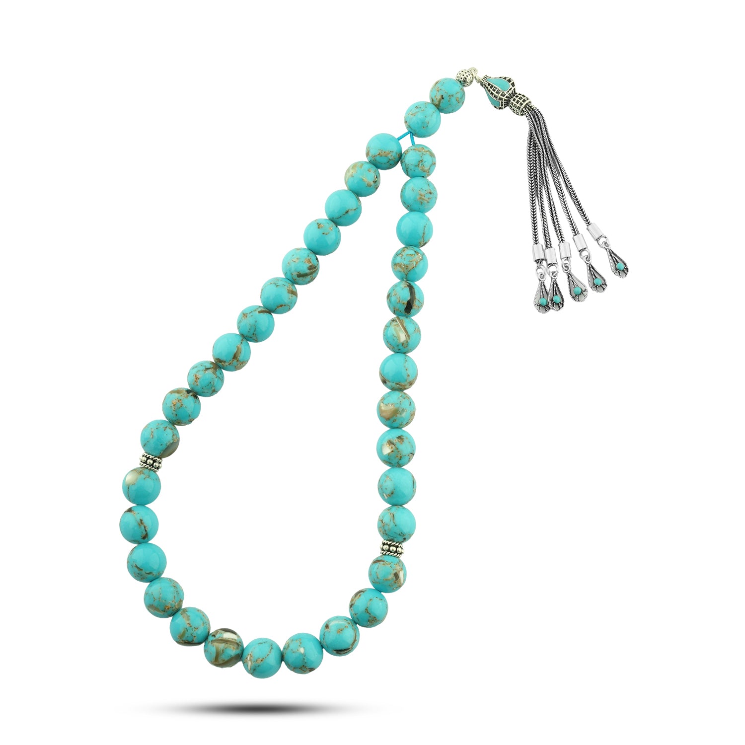 سبحة فيروز *صدف مطعّم بطقم فضة تركي لوكس عيار 925 – 33 حبة – 10 ملم – AROS048