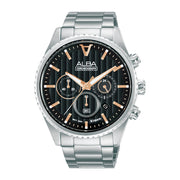 Men's wristwatch, chronograph, metal strap, black and rose gold dial