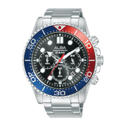 ALBA Men’s Sports Chronograph Watch with Red and Blue Bezel and Stainless Steel Strap