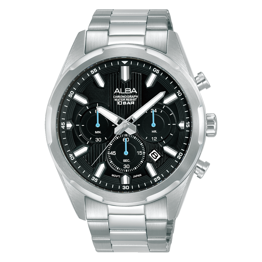 ALBA Men's Active Watch with Silver Stainless Steel Band and Black Dial AT3J93X1