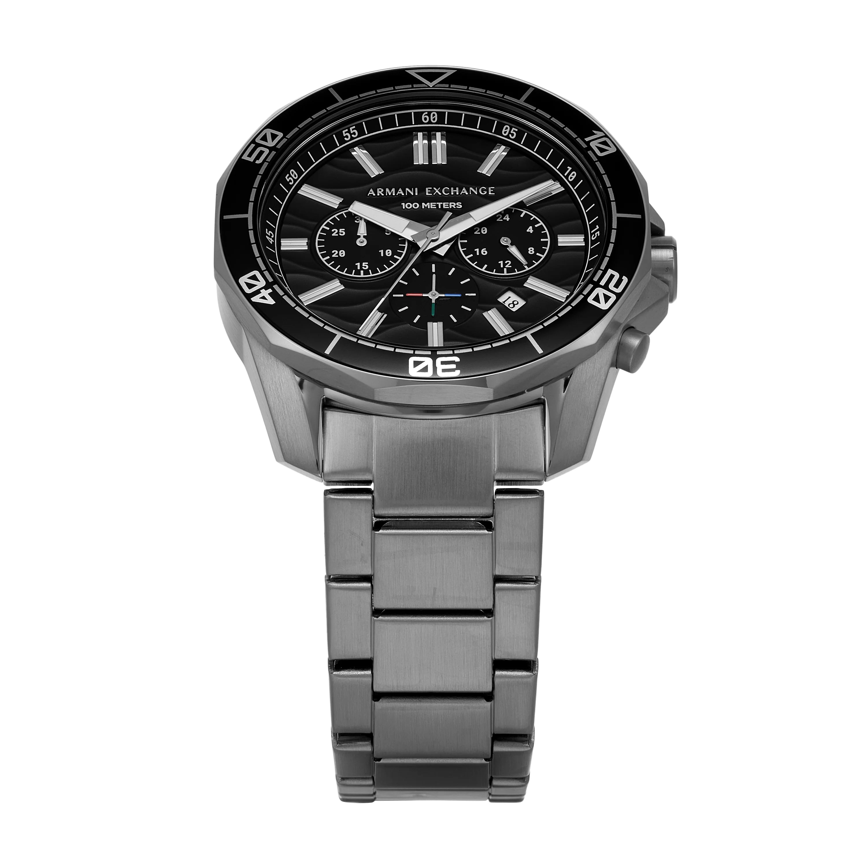 Armani Exchange Men's Chronograph Watch – Black Dial with Gray Stainless Steel Bracelet