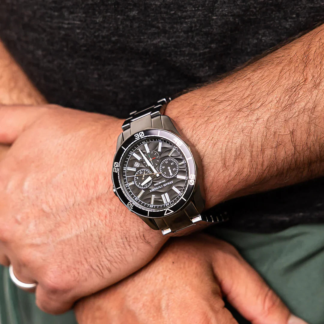 Armani Exchange Men's Chronograph Watch – Black Dial with Gray Stainless Steel Bracelet