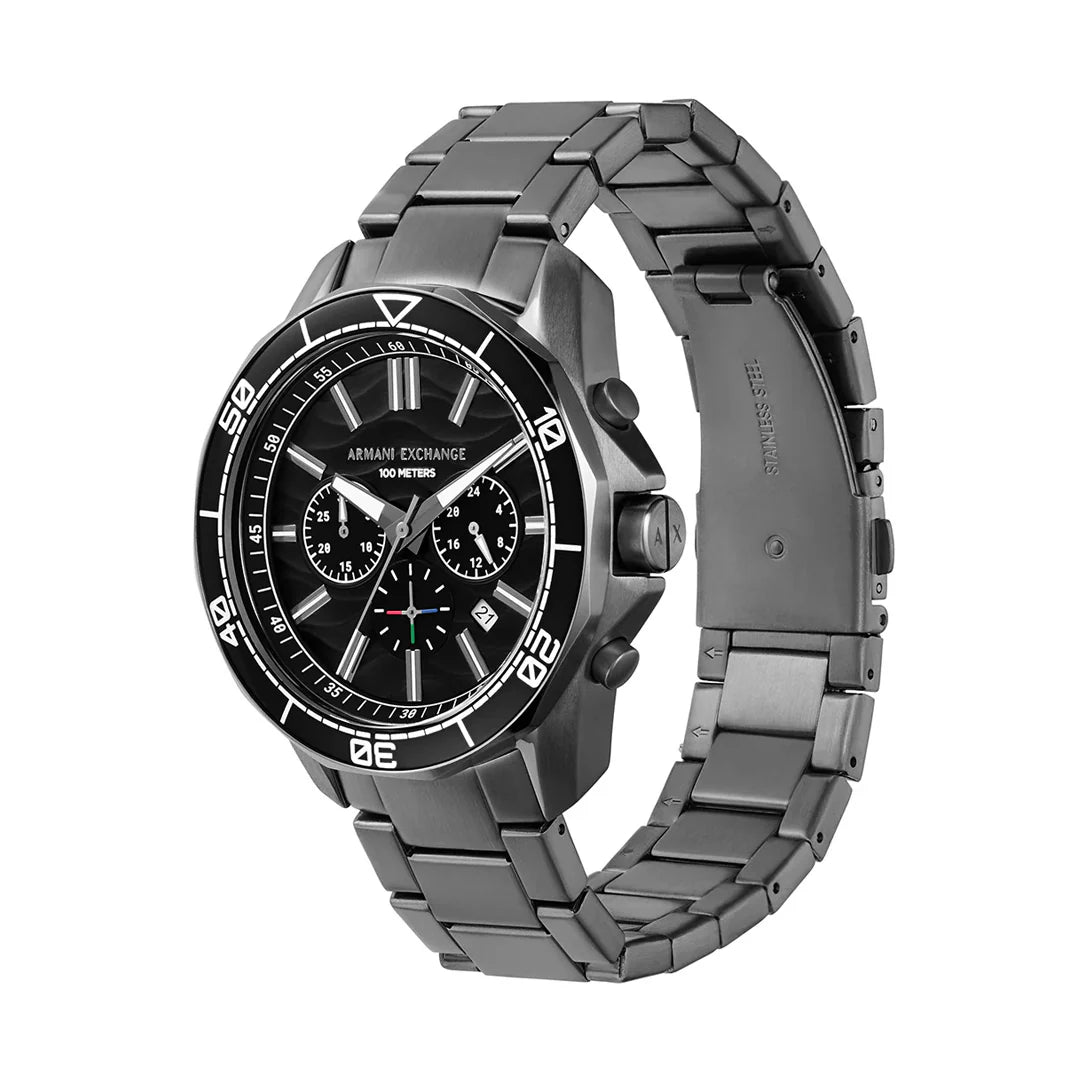 Armani Exchange Men's Chronograph Watch – Black Dial with Gray Stainless Steel Bracelet