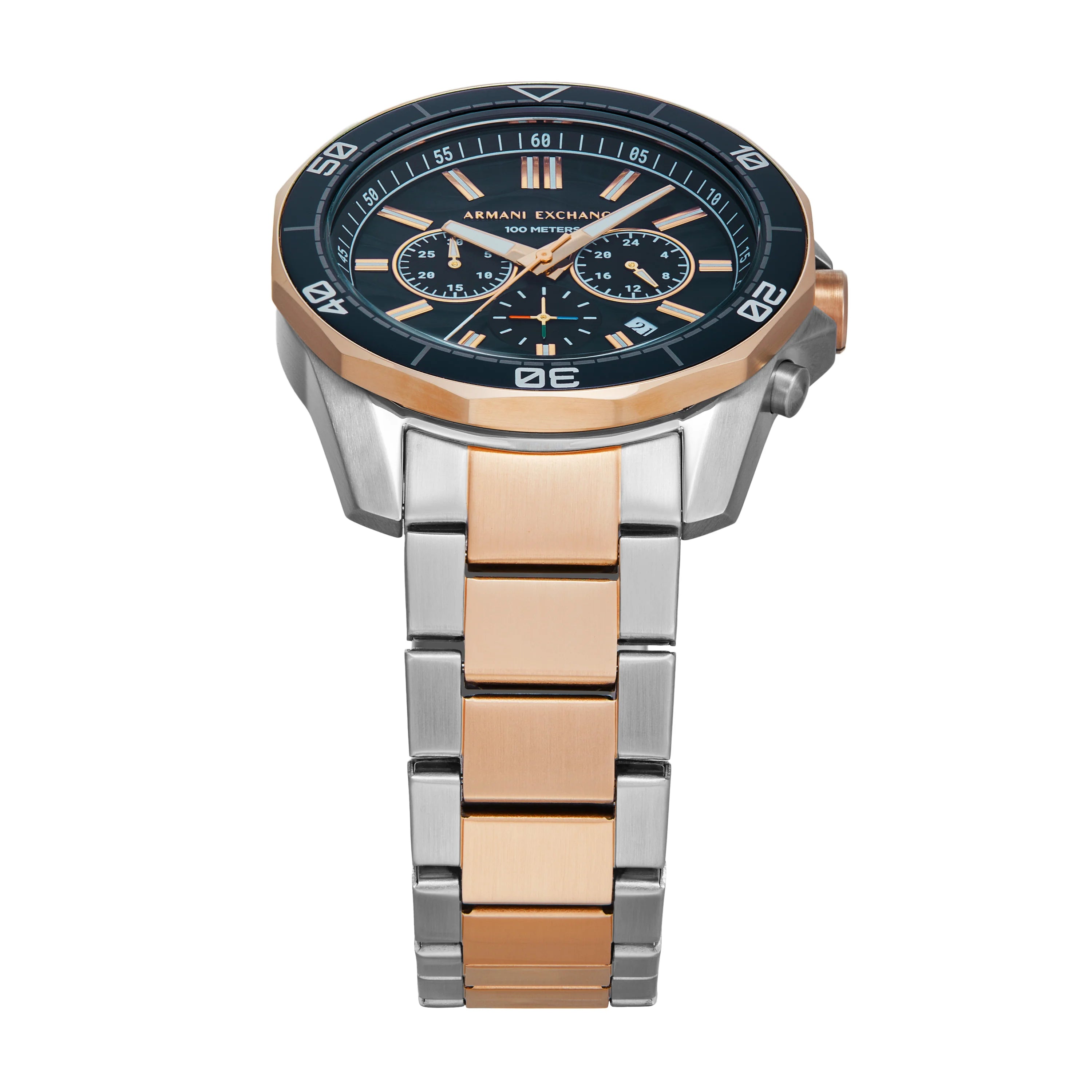 Armani Exchange Men's Chronograph Watch – Blue Dial with Two-Tone Rose Gold Stainless Steel Bracelet