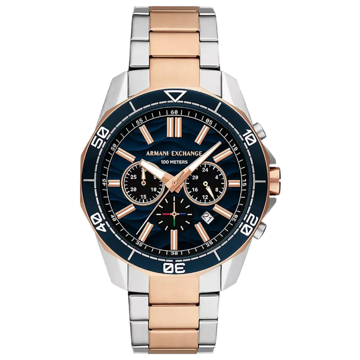 Armani Exchange Men's Chronograph Watch – Blue Dial with Two-Tone Rose Gold Stainless Steel Bracelet