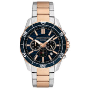 Armani Exchange Men's Chronograph Watch – Blue Dial with Two-Tone Rose Gold Stainless Steel Bracelet