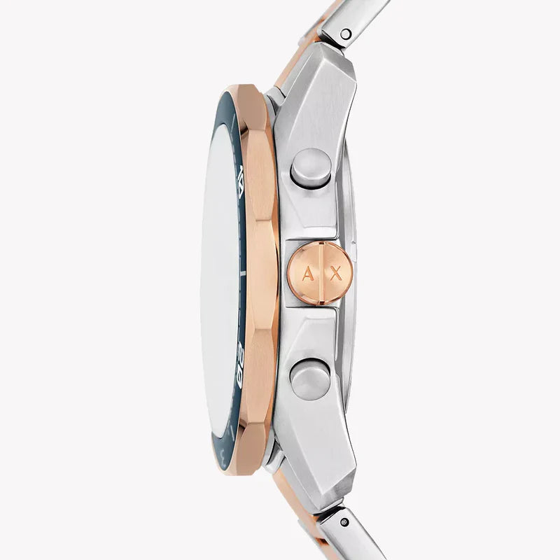 Armani Exchange Men's Chronograph Watch – Blue Dial with Two-Tone Rose Gold Stainless Steel Bracelet