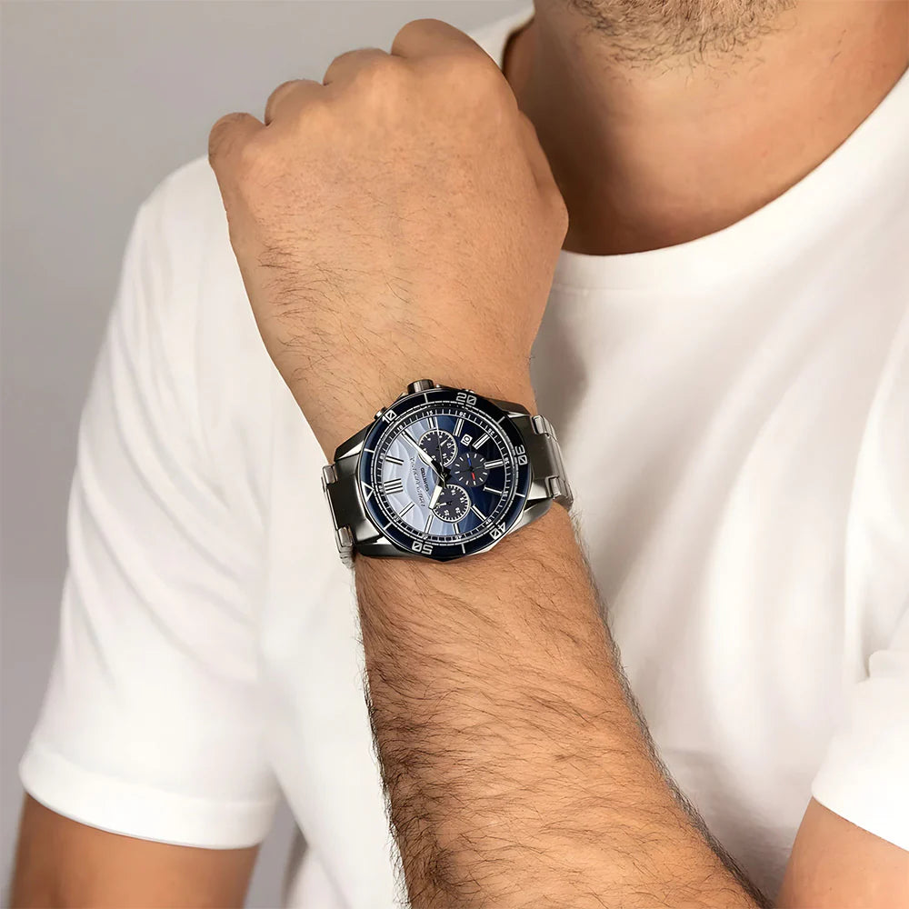 Armani Exchange Men's Chronograph Watch – Gradient Blue Dial with Gray Stainless Steel Bracelet