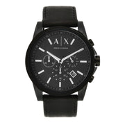 Armani Exchange Men's Chronograph Watch – Black Dial with Black Leather Strap