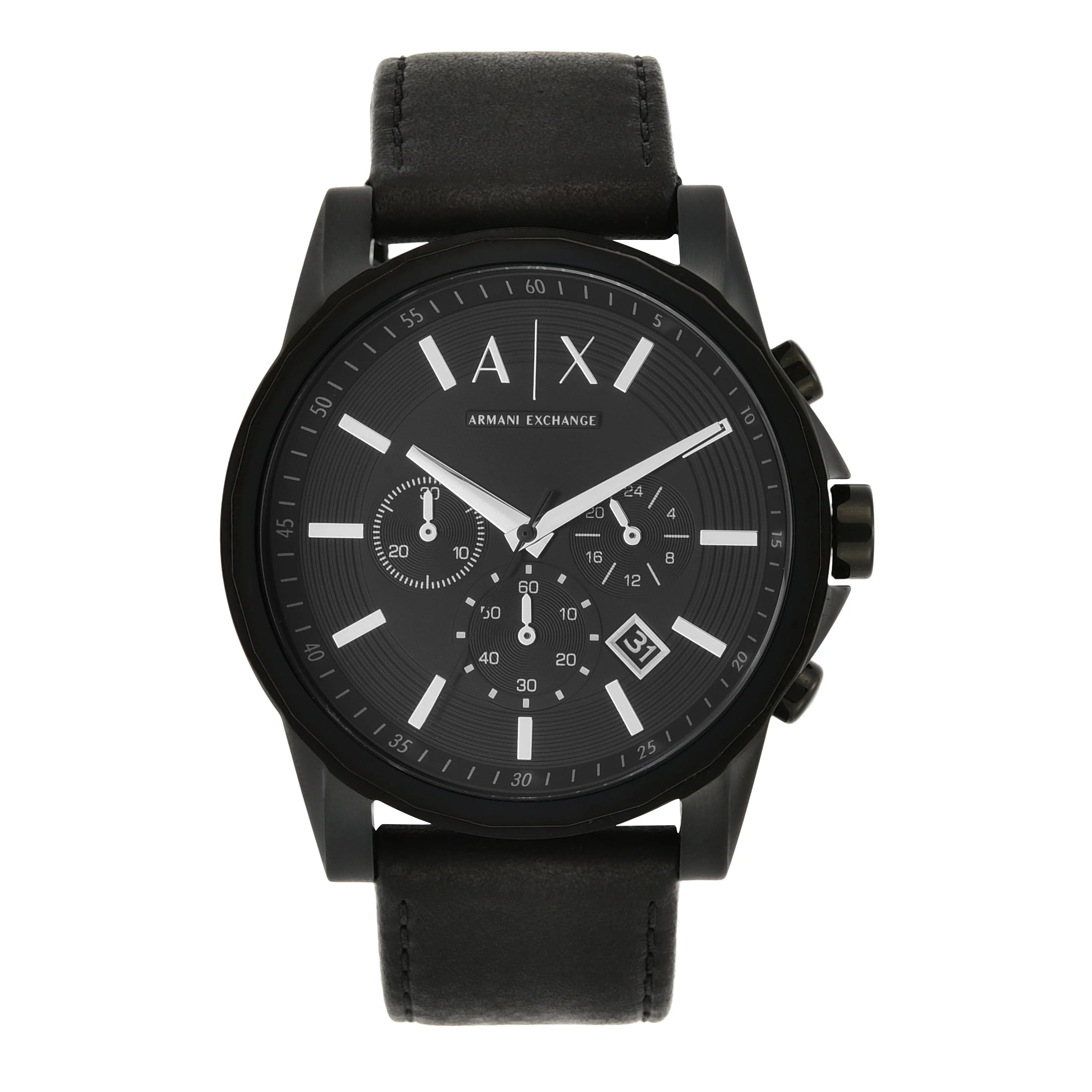 Armani Exchange Men's Chronograph Watch – Black Dial with Black Leather Strap
