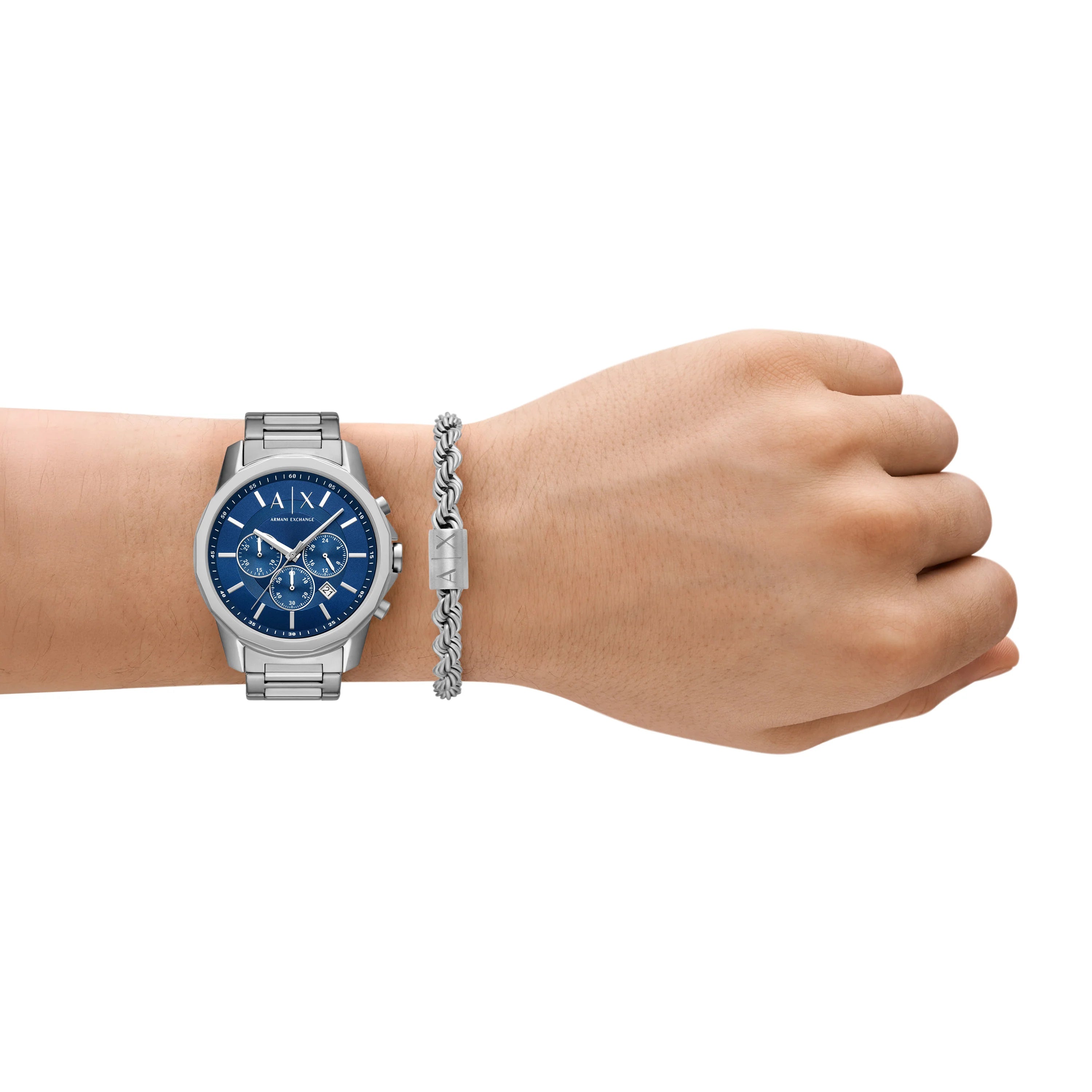 Armani Exchange Men's Chronograph Watch & Bracelet Set – Blue Dial with Silver Stainless Steel Bracelet