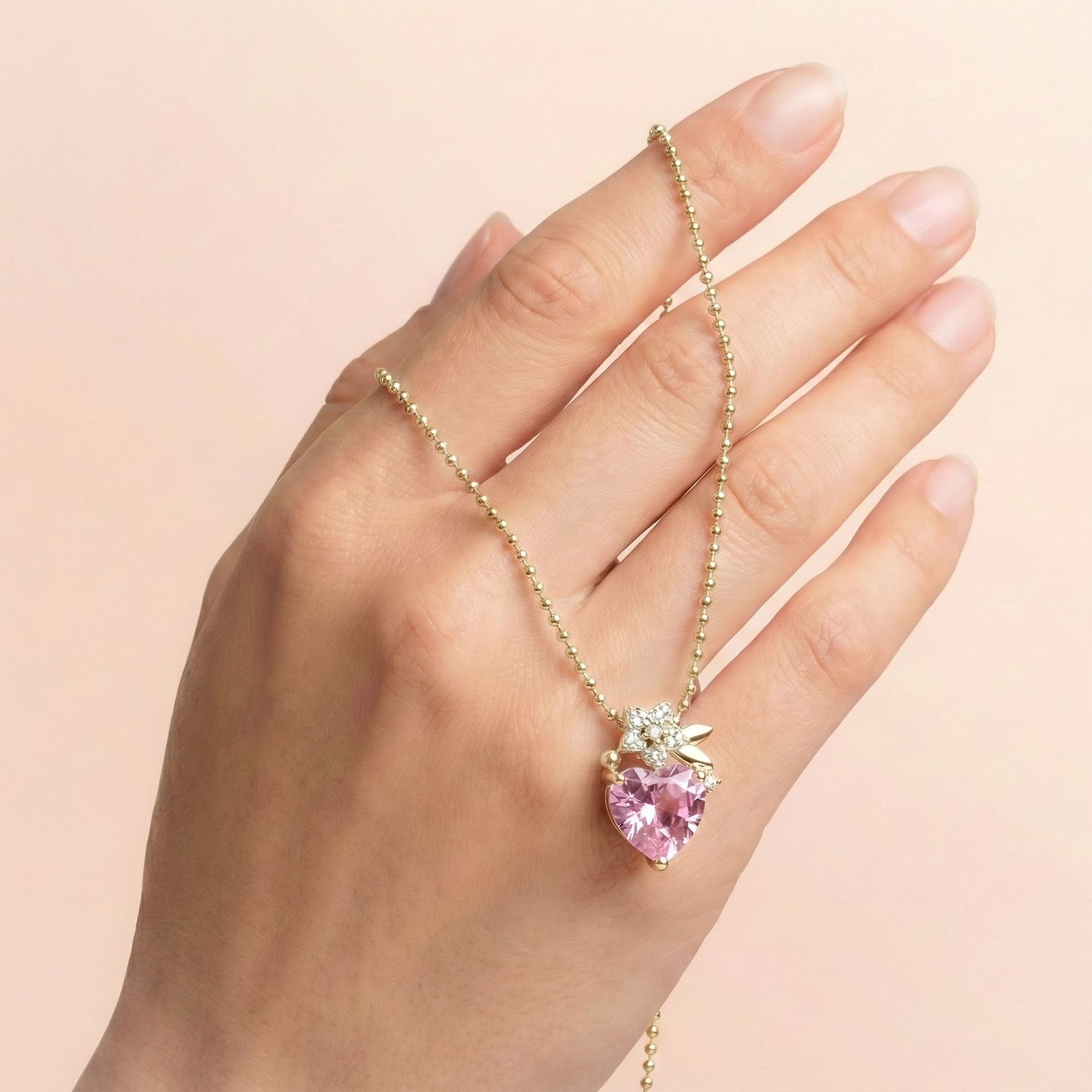Gold-Plated 925 Silver Necklace – Pink Heart with Sparkling Flower Design