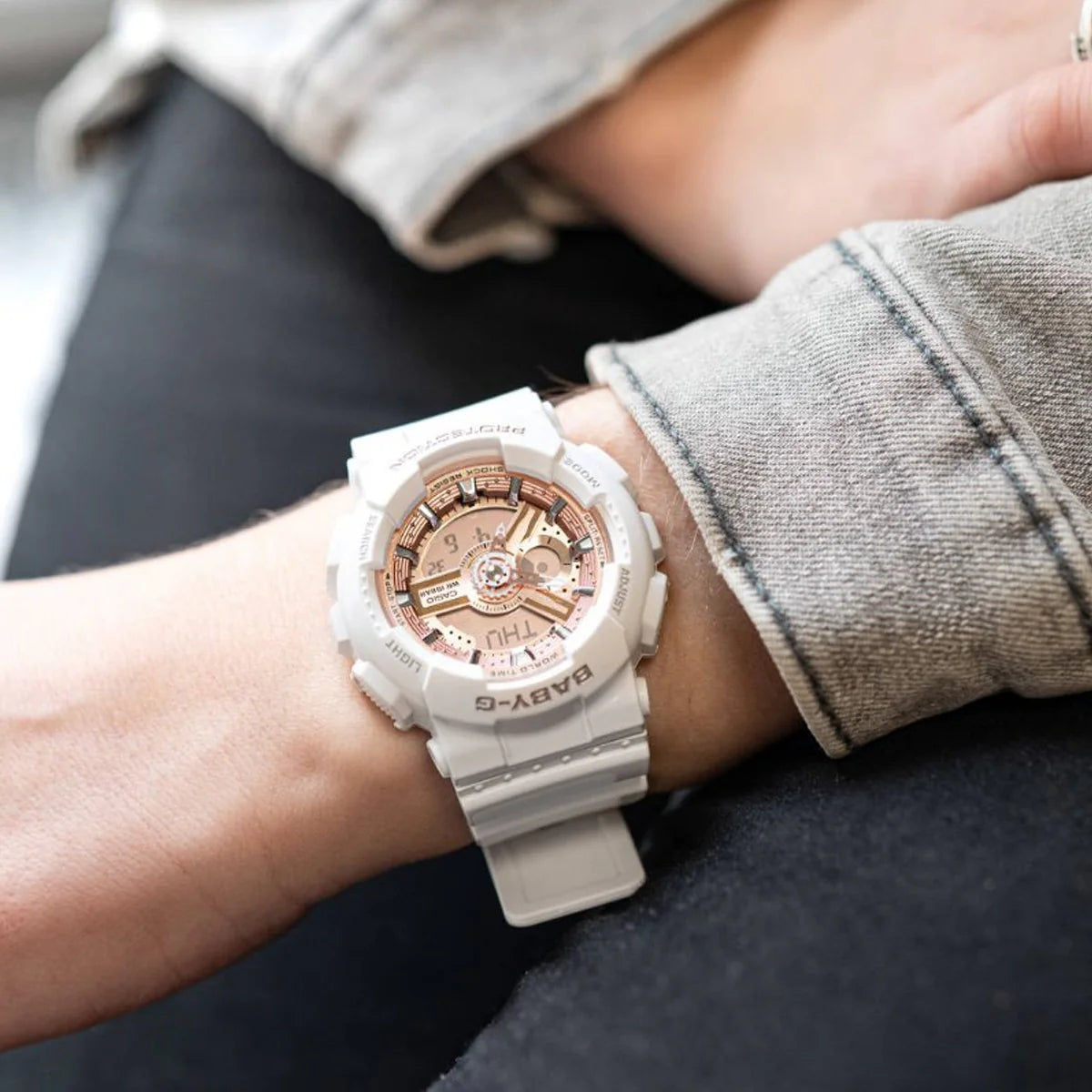 Casio Baby-G Analog-Digital Women's Wristwatch with White Resin Strap and Rose Gold Accents