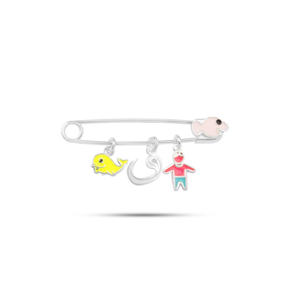 925 Sterling Silver Children's Pin with Fish and Boy Pendant