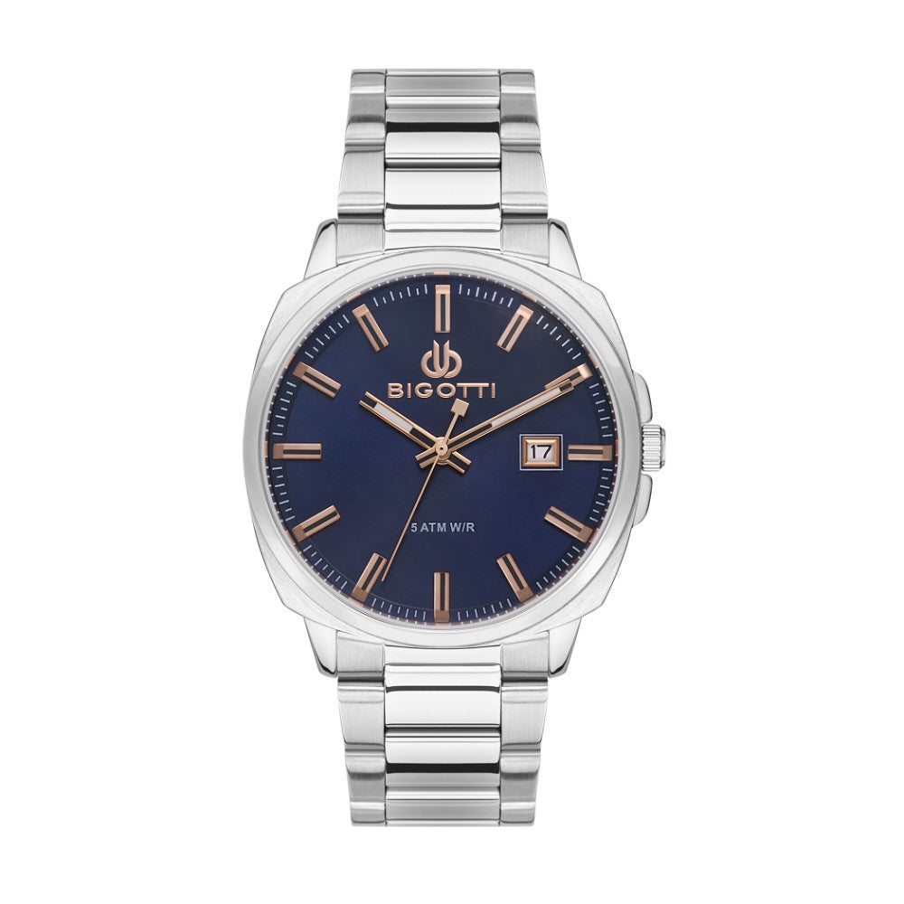 Men’s wristwatch from Bigotti with a metal strap and a deep blue dial featuring a date window.
